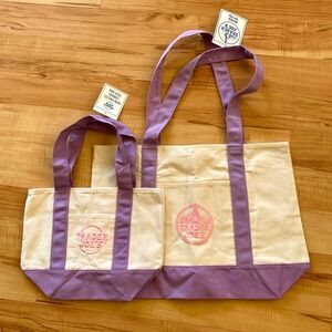 Trader Joes Mini Pastel Canvas Tote Bag & Large Reusable Tote Set Lavender Pink
